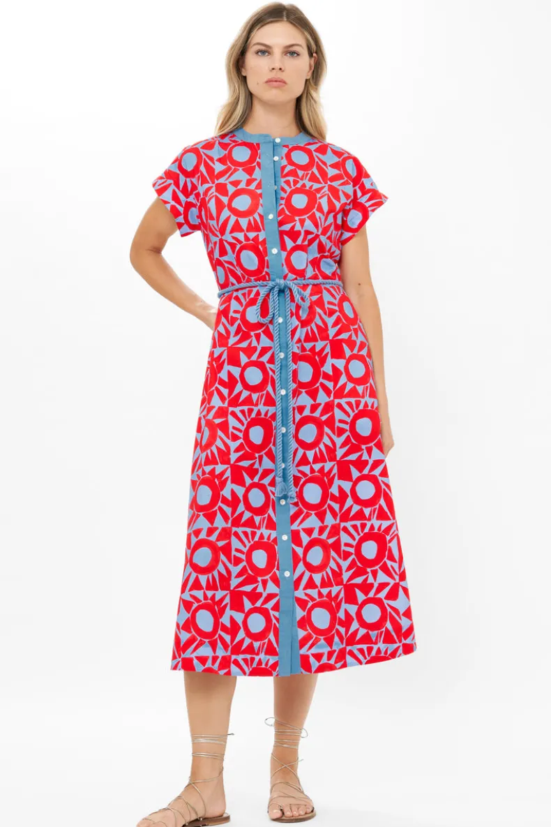 Cap Sleeve Shirt Dress Midi- Eclipse Red