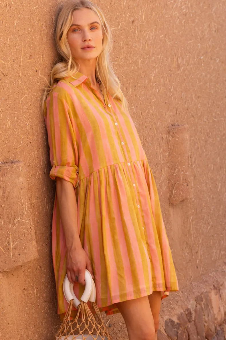 Long Sleeve Shirt Dress Mini- Cabana Coral