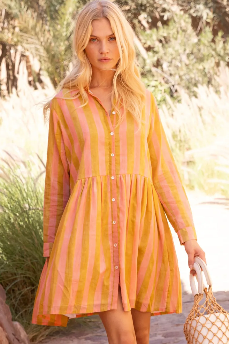 Long Sleeve Shirt Dress Mini- Cabana Coral