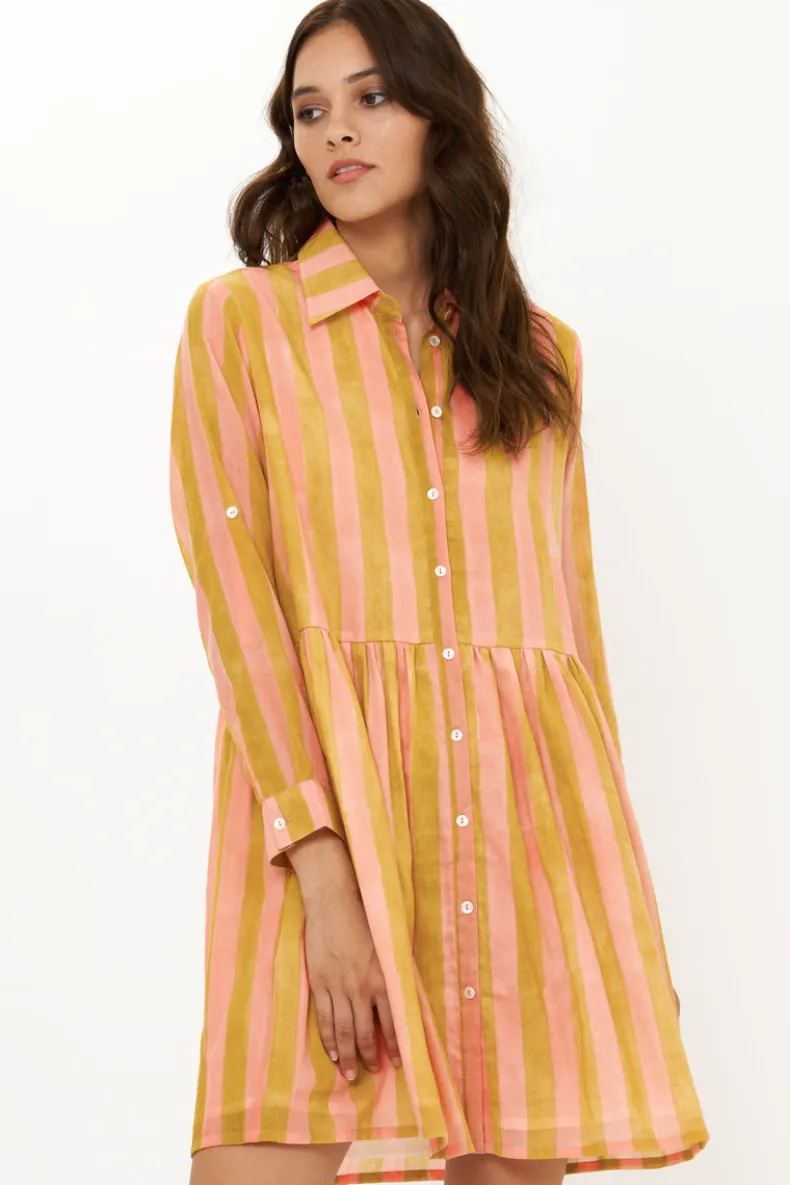 Long Sleeve Shirt Dress Mini- Cabana Coral