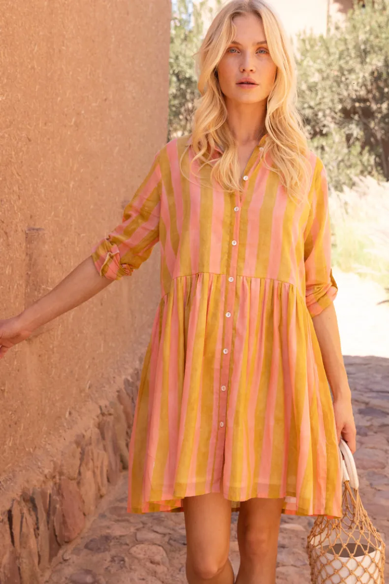 Long Sleeve Shirt Dress Mini- Cabana Coral