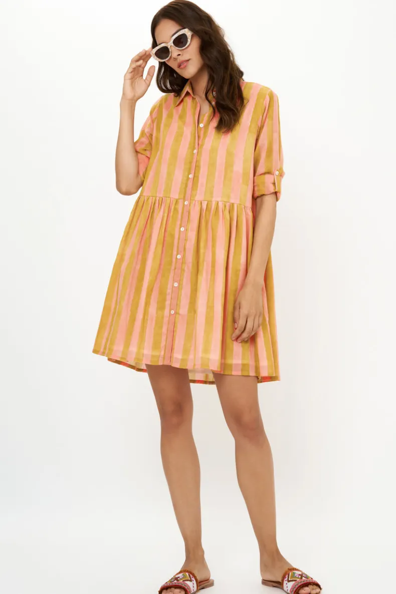 Long Sleeve Shirt Dress Mini- Cabana Coral