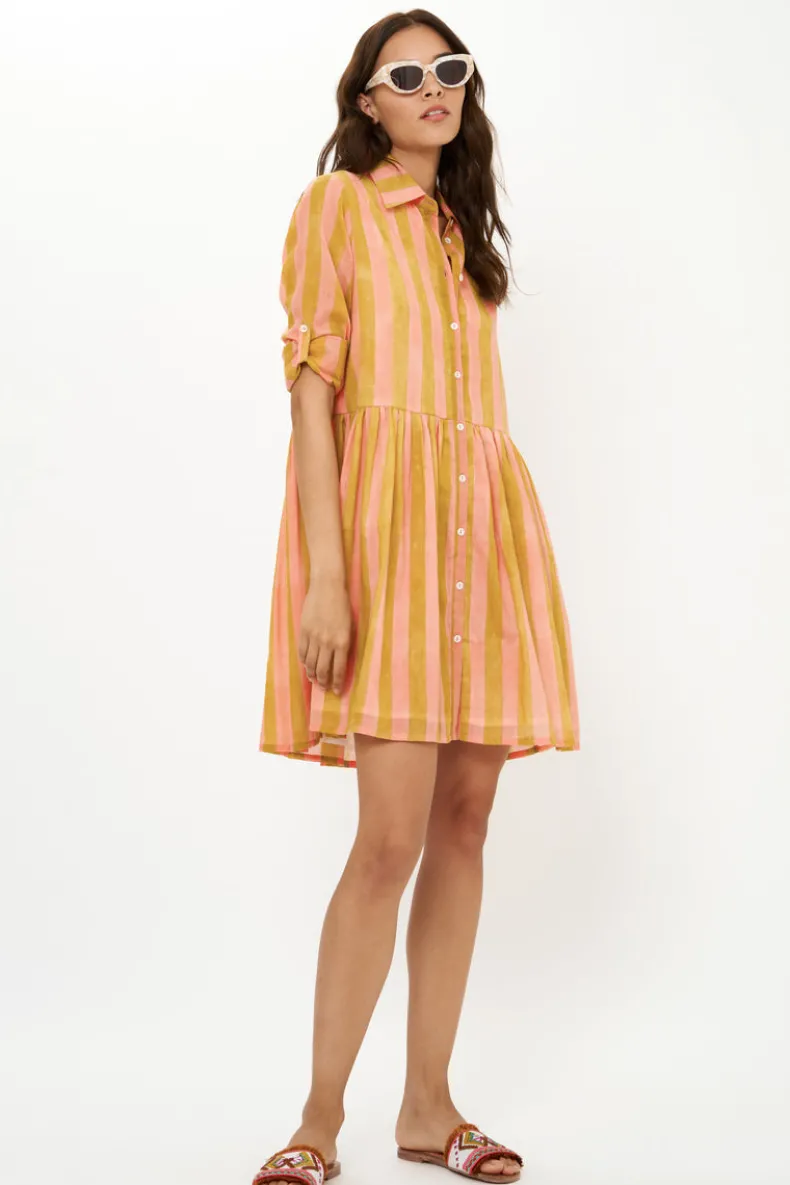 Long Sleeve Shirt Dress Mini- Cabana Coral